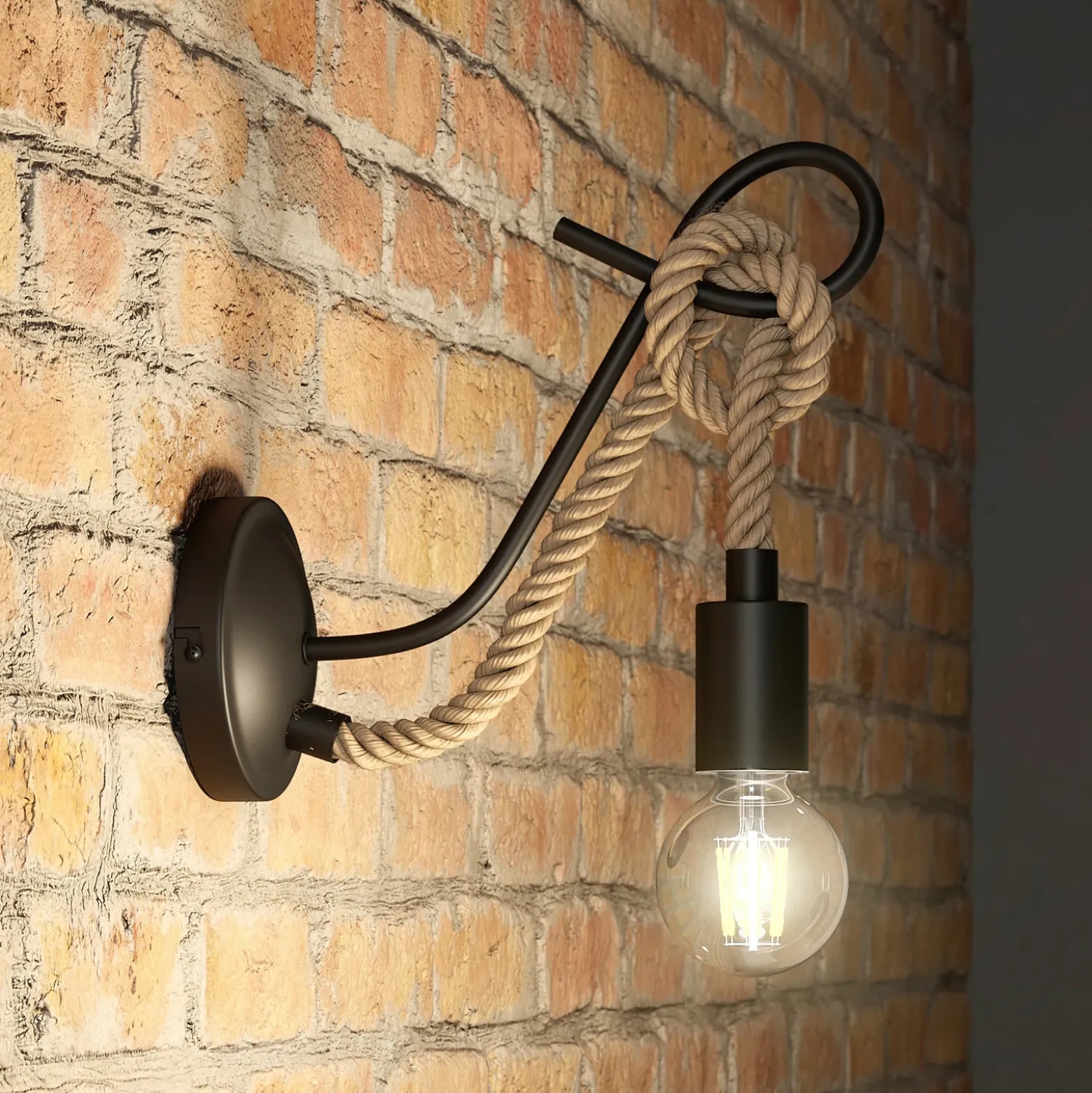 Aplique de pared Lucande Ropina, negro, cuerda de cáñamo, altura 25 cm