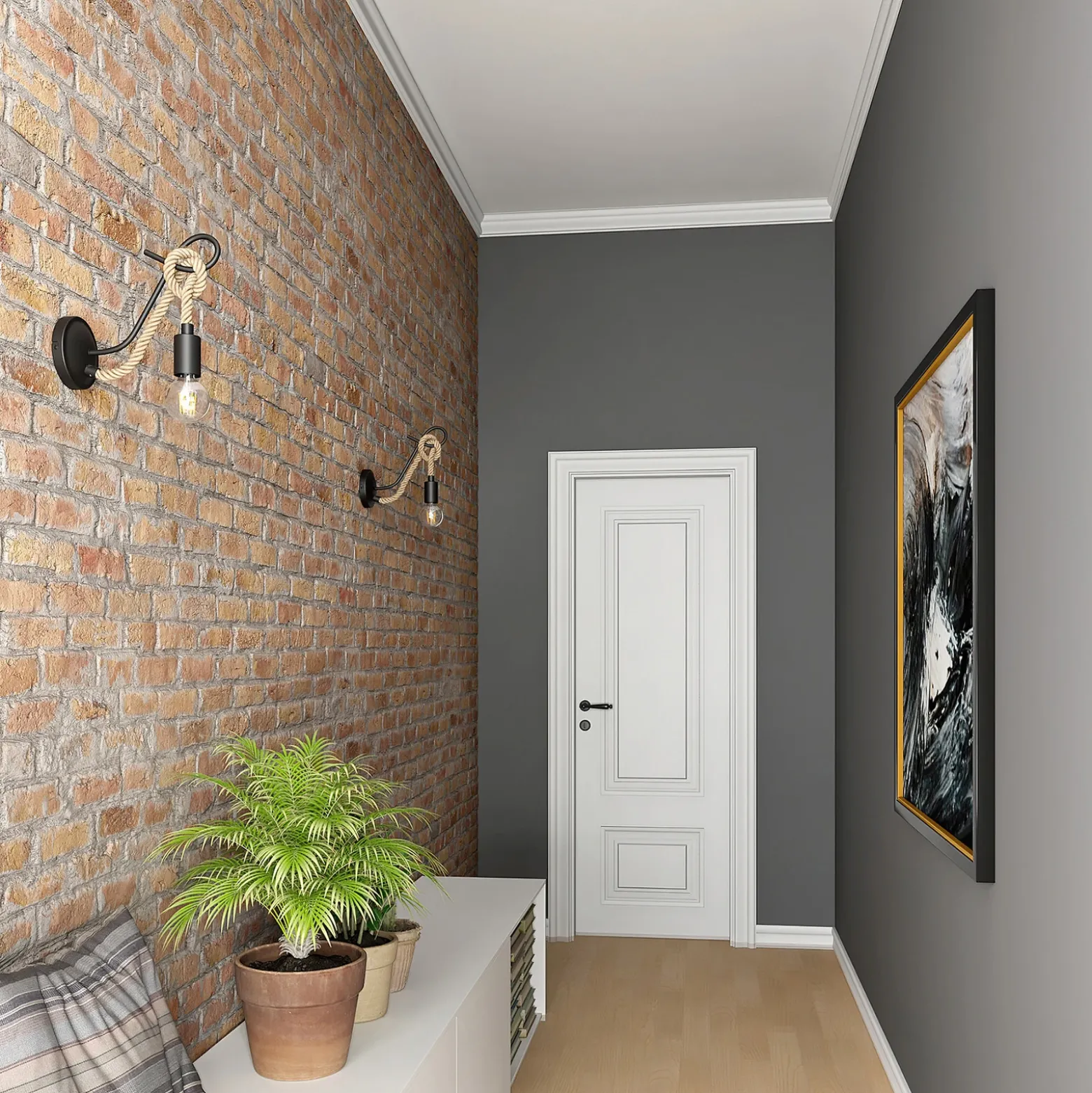 Aplique de pared Lucande Ropina, negro, cuerda de cáñamo, altura 25 cm