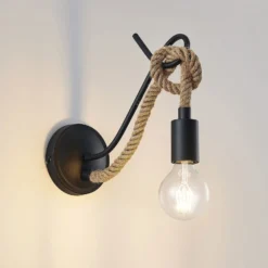 Aplique de pared Lucande Ropina, negro, cuerda de cáñamo, altura 25 cm
