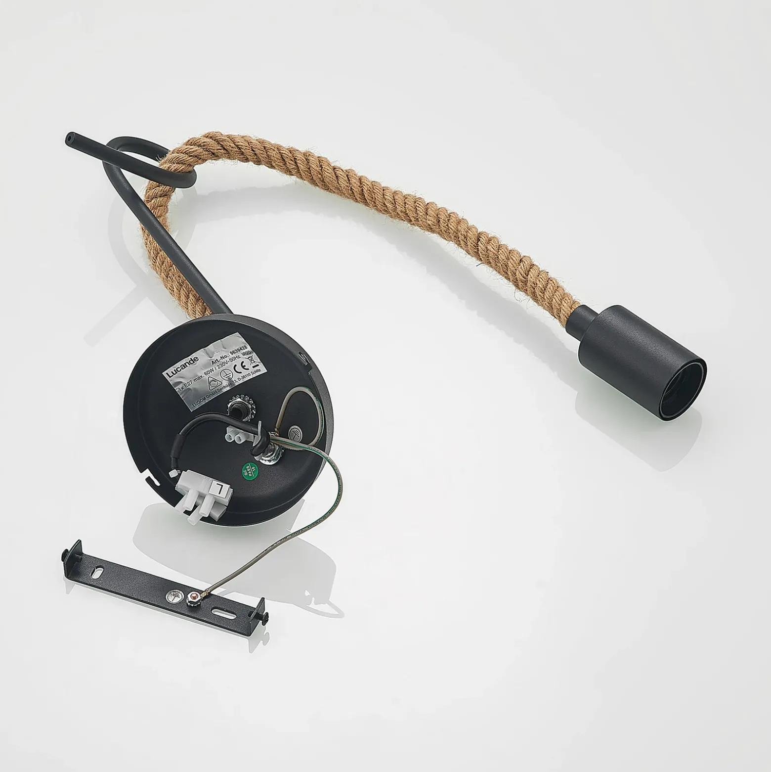 Aplique de pared Lucande Ropina, negro, cuerda de cáñamo, altura 25 cm