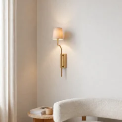 Aplique de pared Lumora, blanco/dorado, altura 72 cm, tejido/metal, E27