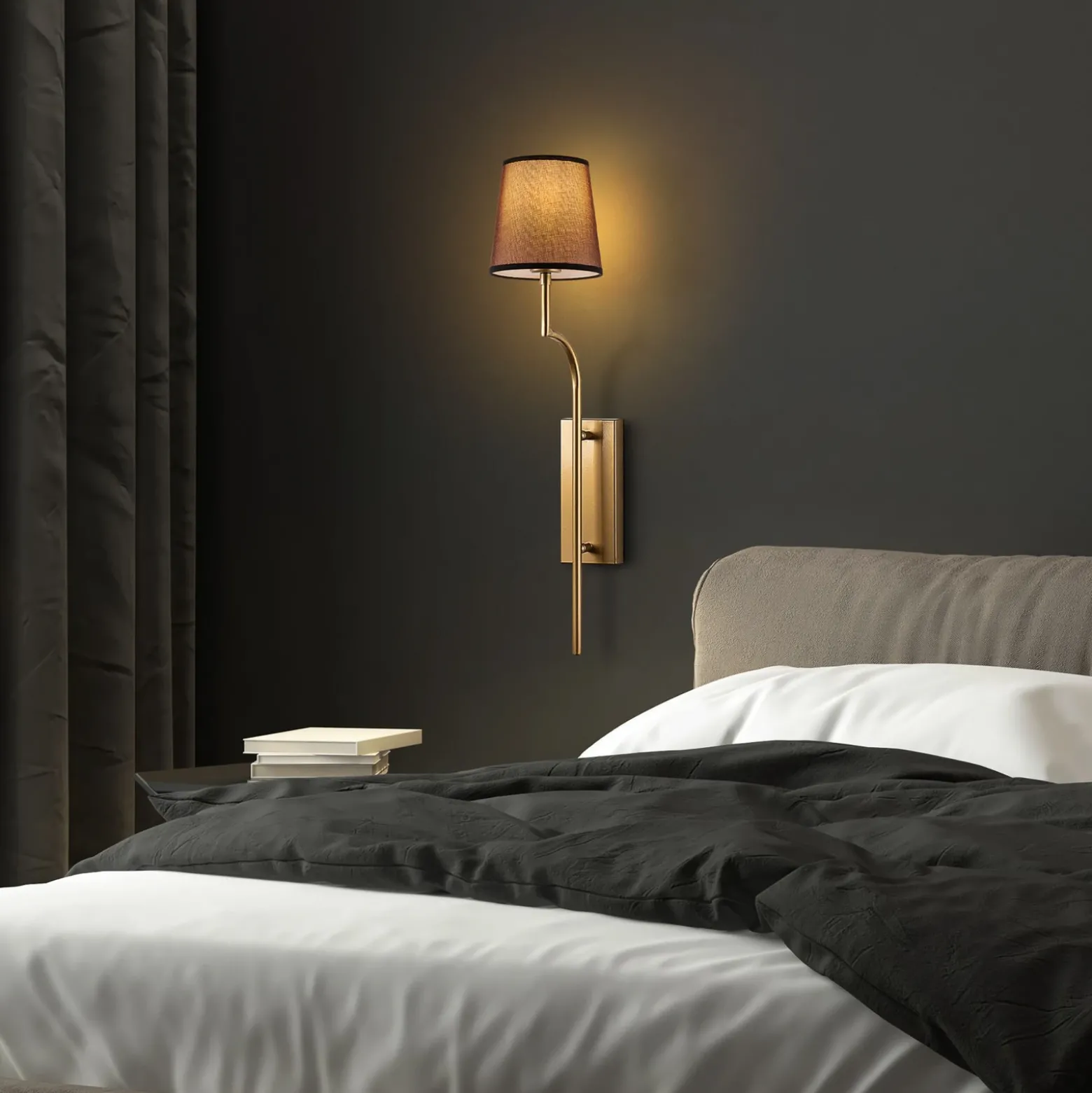 Aplique de pared Lumora, marrón/dorado, altura 72 cm, tejido/metal, E27