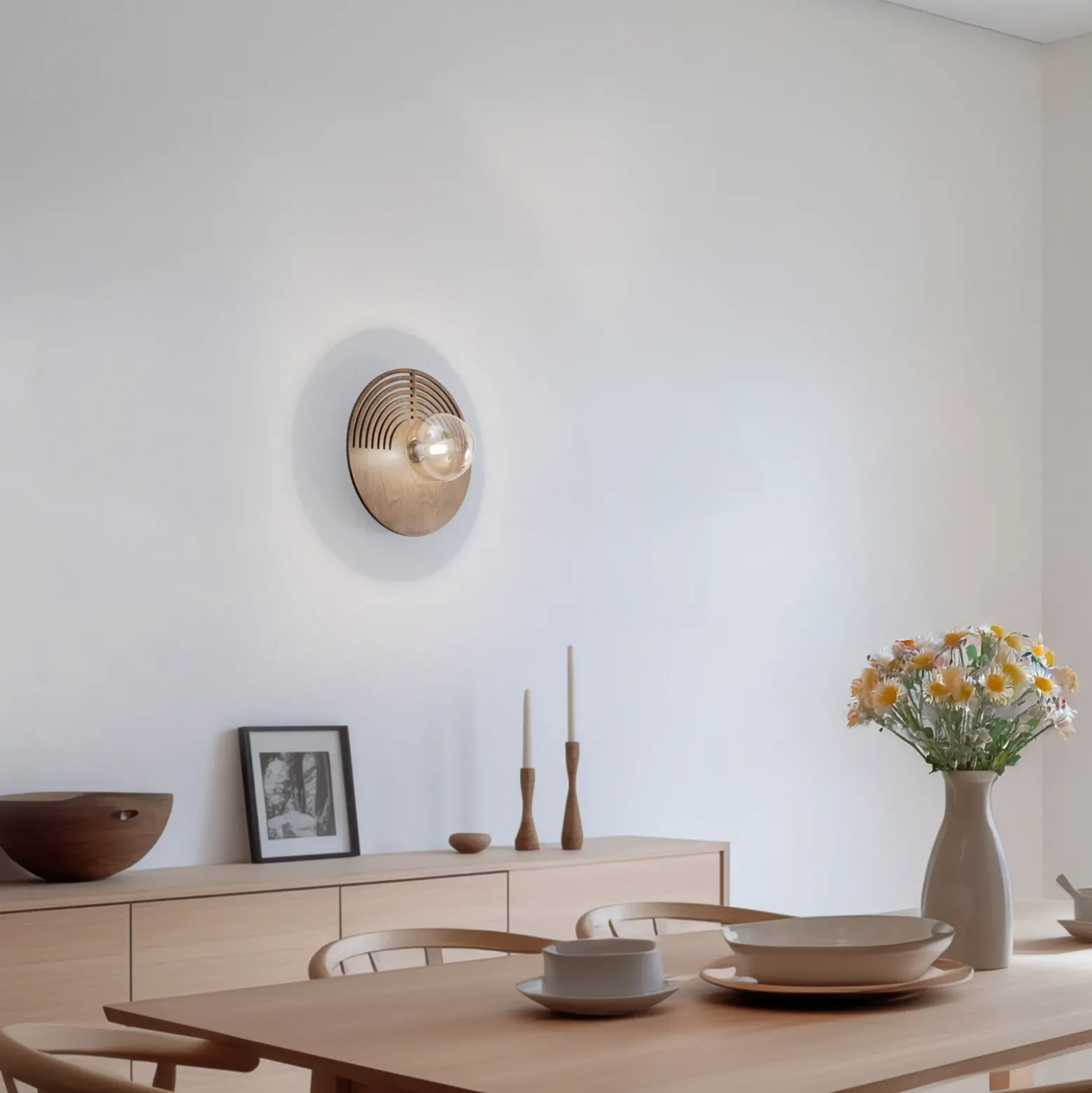 Aplique de pared Lunar, blanco/color madera, Ø 30 cm, G9