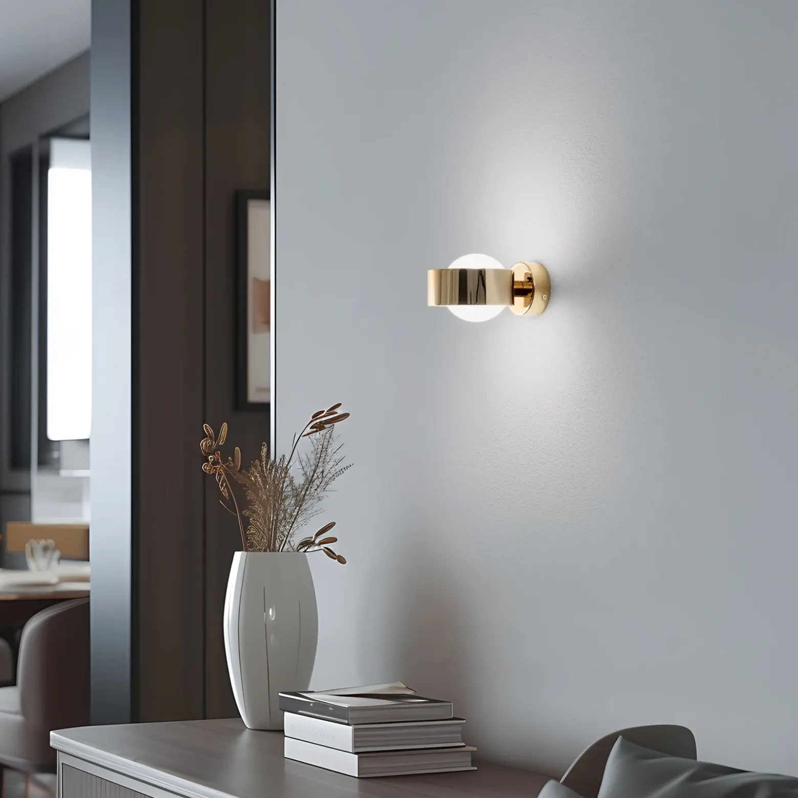 Aplique de pared Mado, acero color latón, cristal opalino, 1 luz