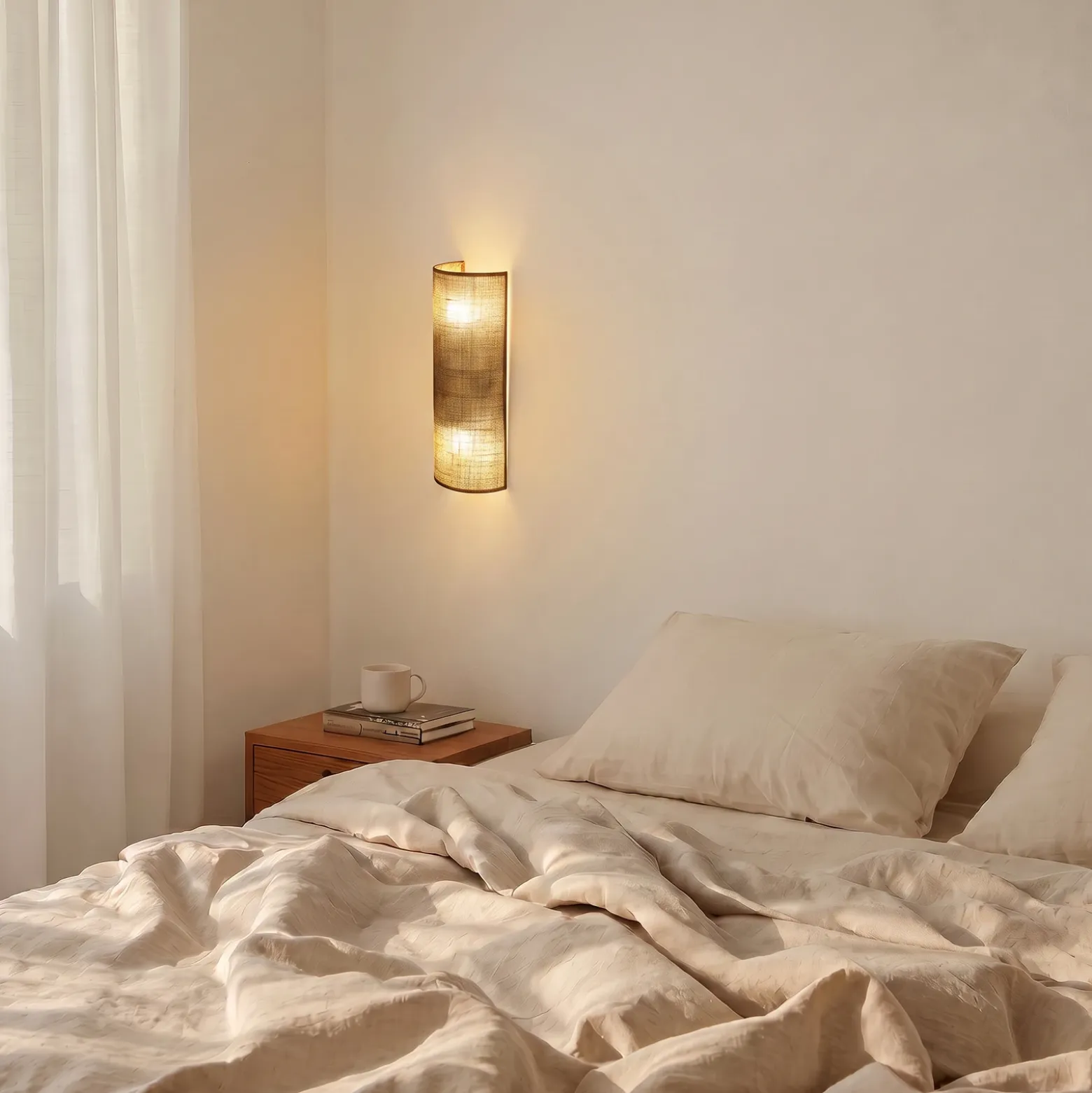 Aplique de pared «Nature», yute, altura 40 cm, tejido, luz hacia arriba/hacia
