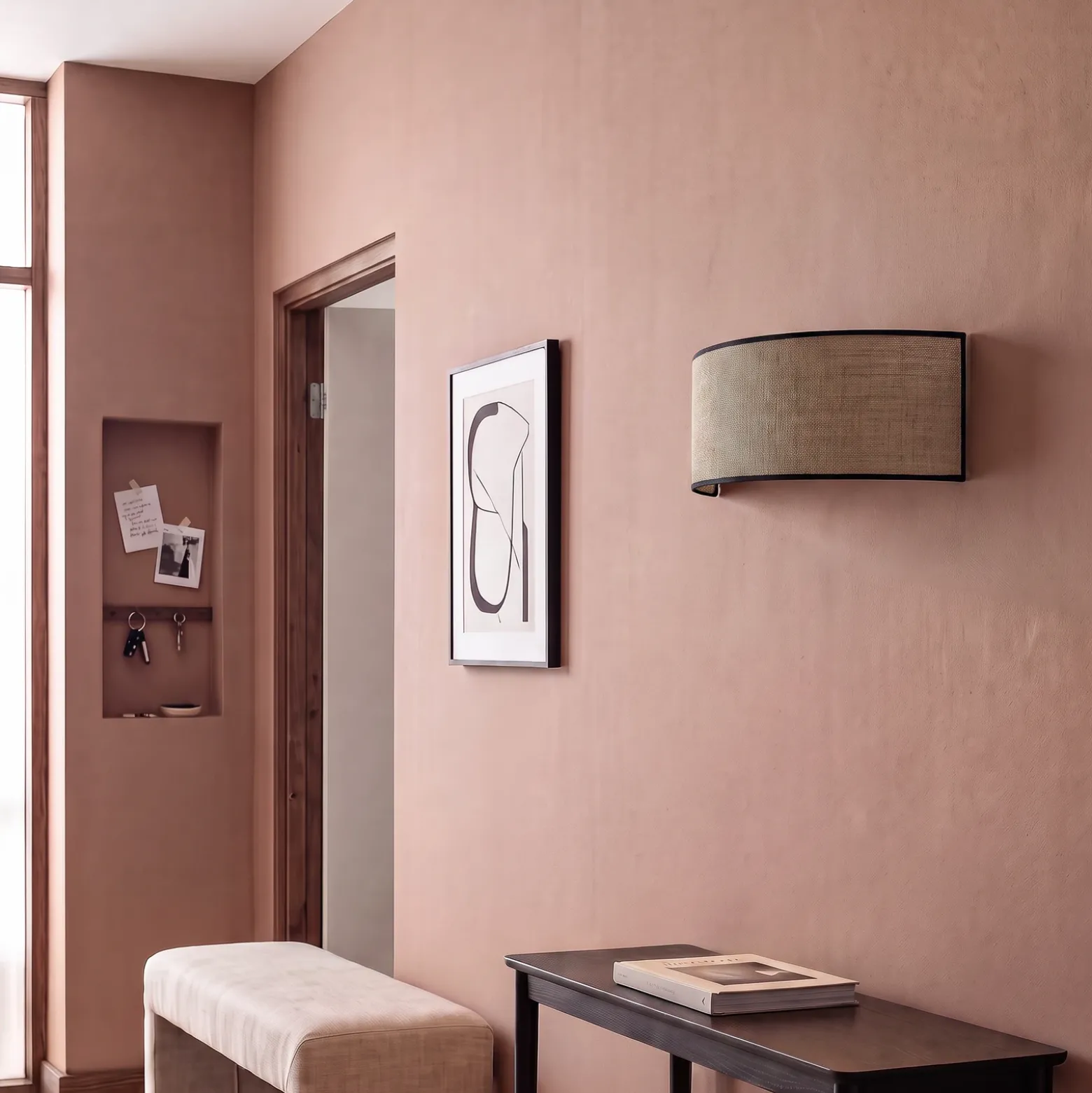 Aplique de pared Nature, yute/negro, 40 cm de ancho, tejido, luz hacia