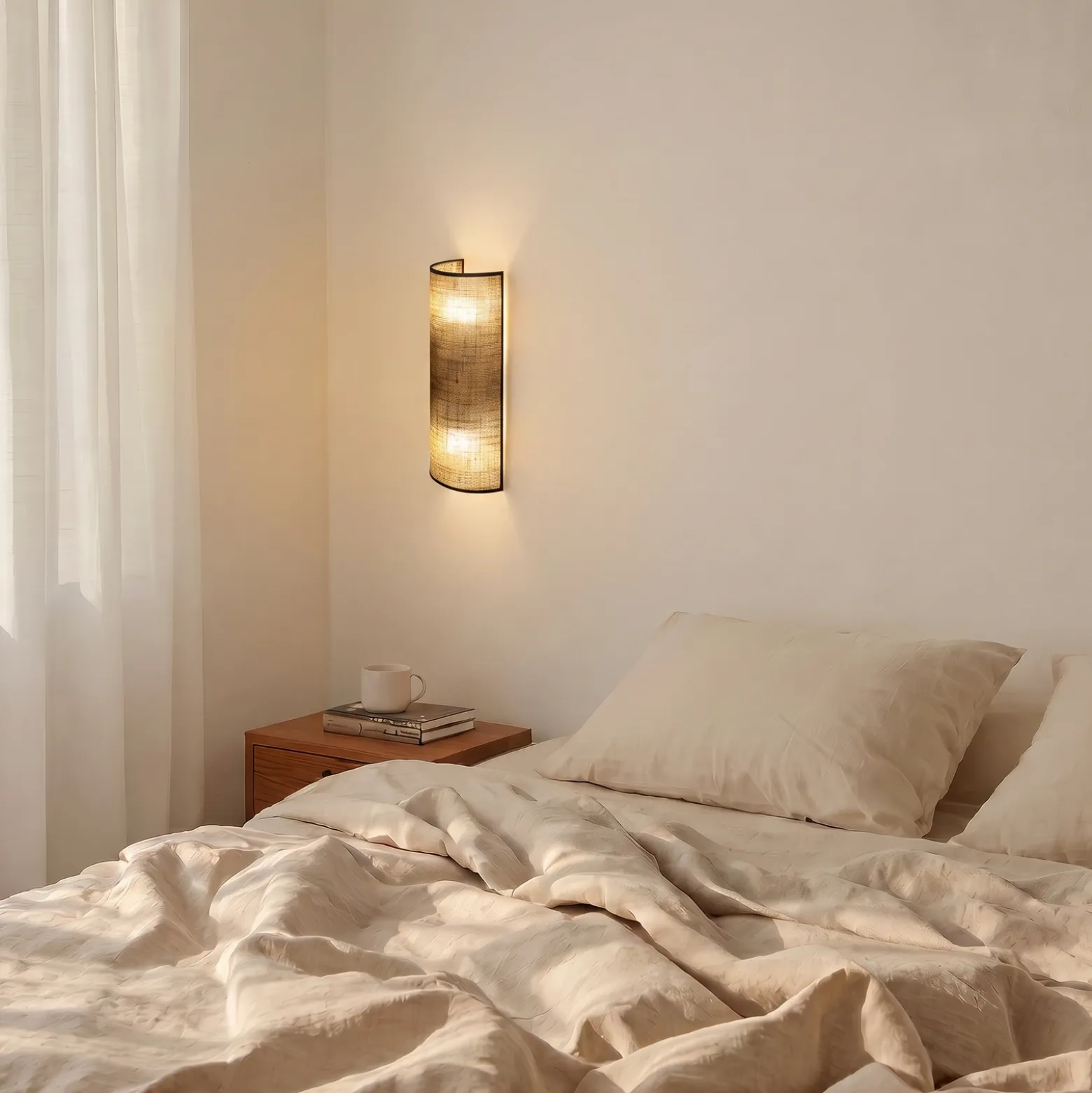 Aplique de pared Nature, yute/negro, altura 40 cm, tejido, luz hacia