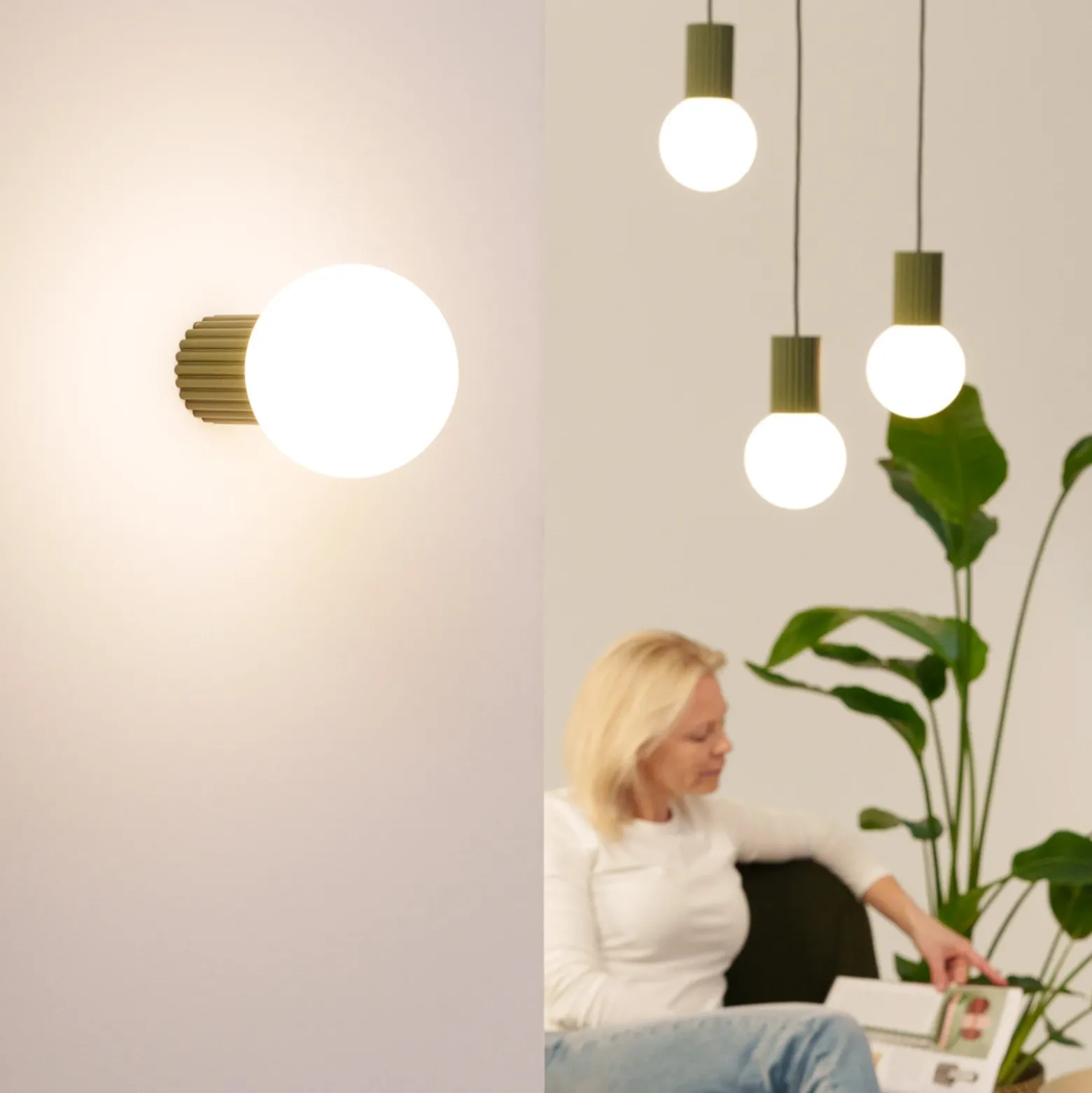 Aplique de pared ORBI, verde oliva, vidrio/metal, Ø 12 cm, IP44, G9