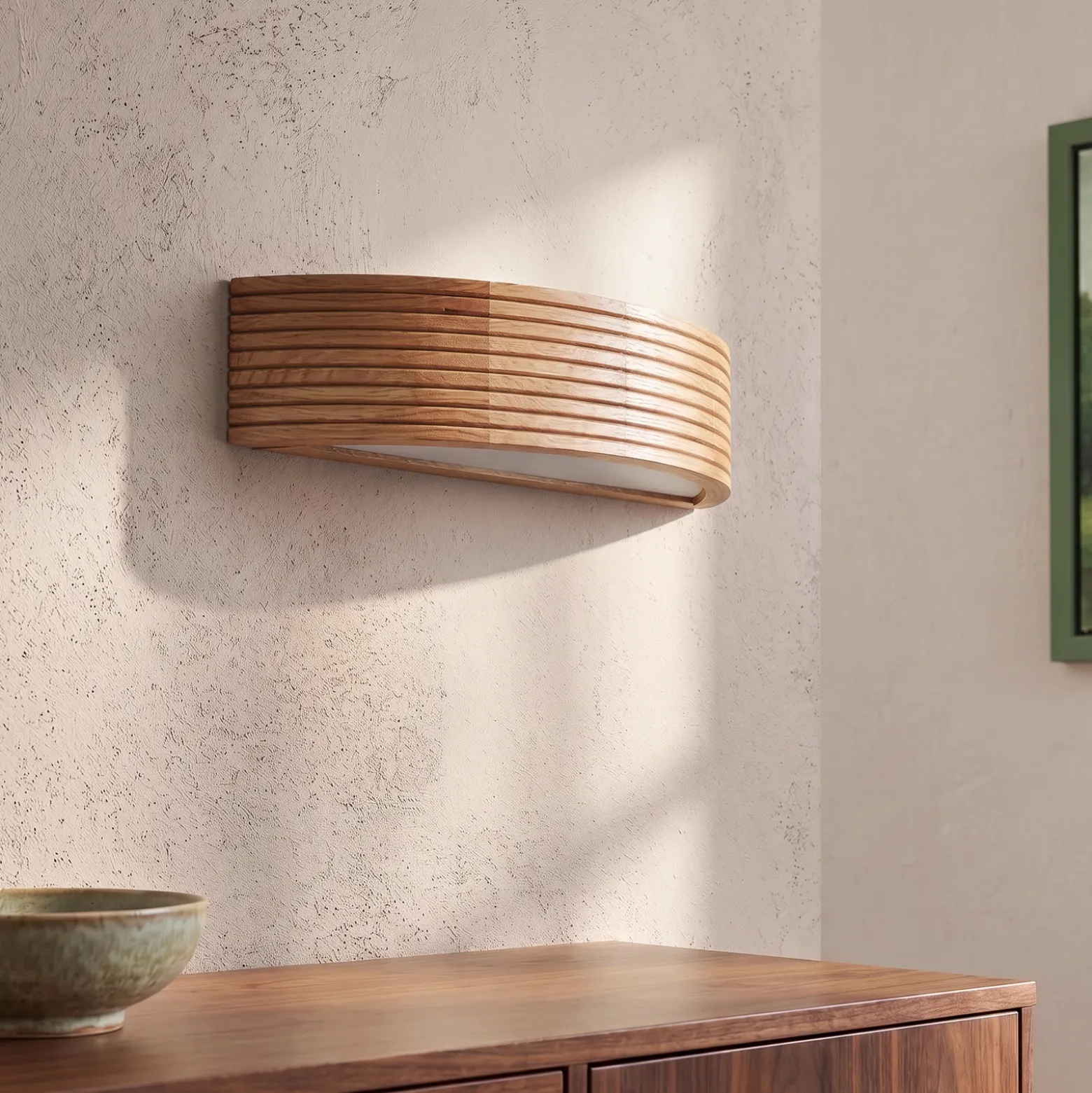 Aplique de pared Oro, madera de roble/cristal, 41 cm de ancho, E27