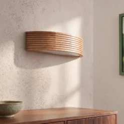 Aplique de pared Oro, madera de roble/cristal, 41 cm de ancho, E27