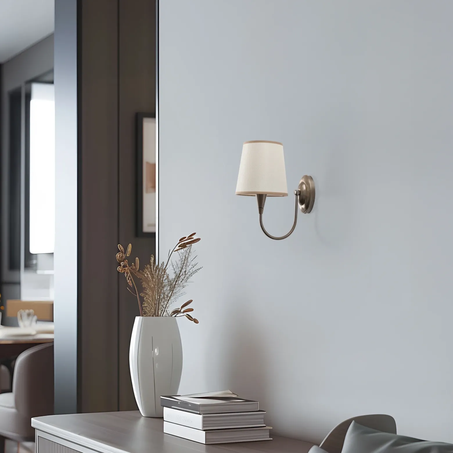 Aplique de pared Pardo, latón, metal/tejido, altura 31 cm, E27
