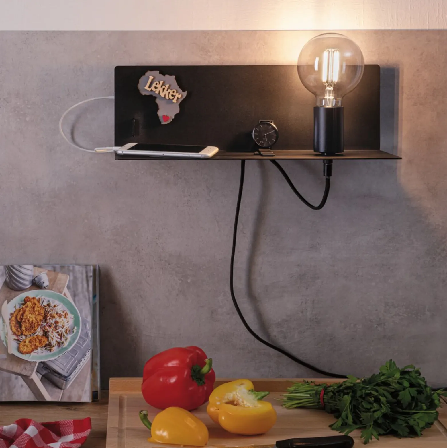 Aplique de pared Paulmann Devara, negra, 40 cm, E27, puerto USB