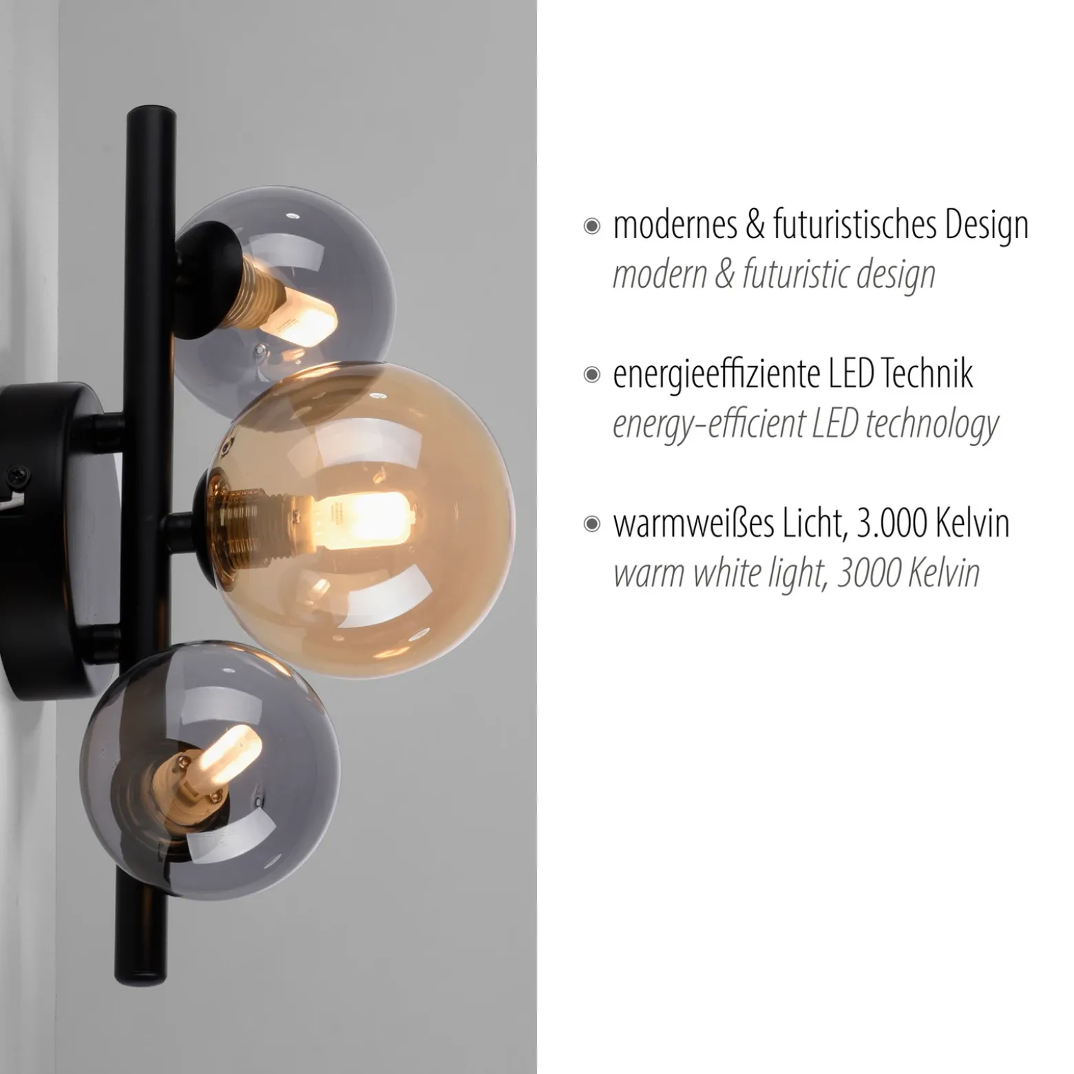 Aplique de pared Popsicle de Paul Neuhaus, negro, cristal, 29 cm, G9