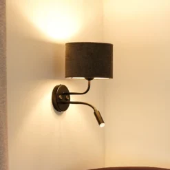 Aplique de pared Roller, cordón gris oscuro, negro, con brazo de lectura
