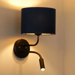 Aplique de pared Roller, terciopelo azul oscuro, negro, con brazo de lectura