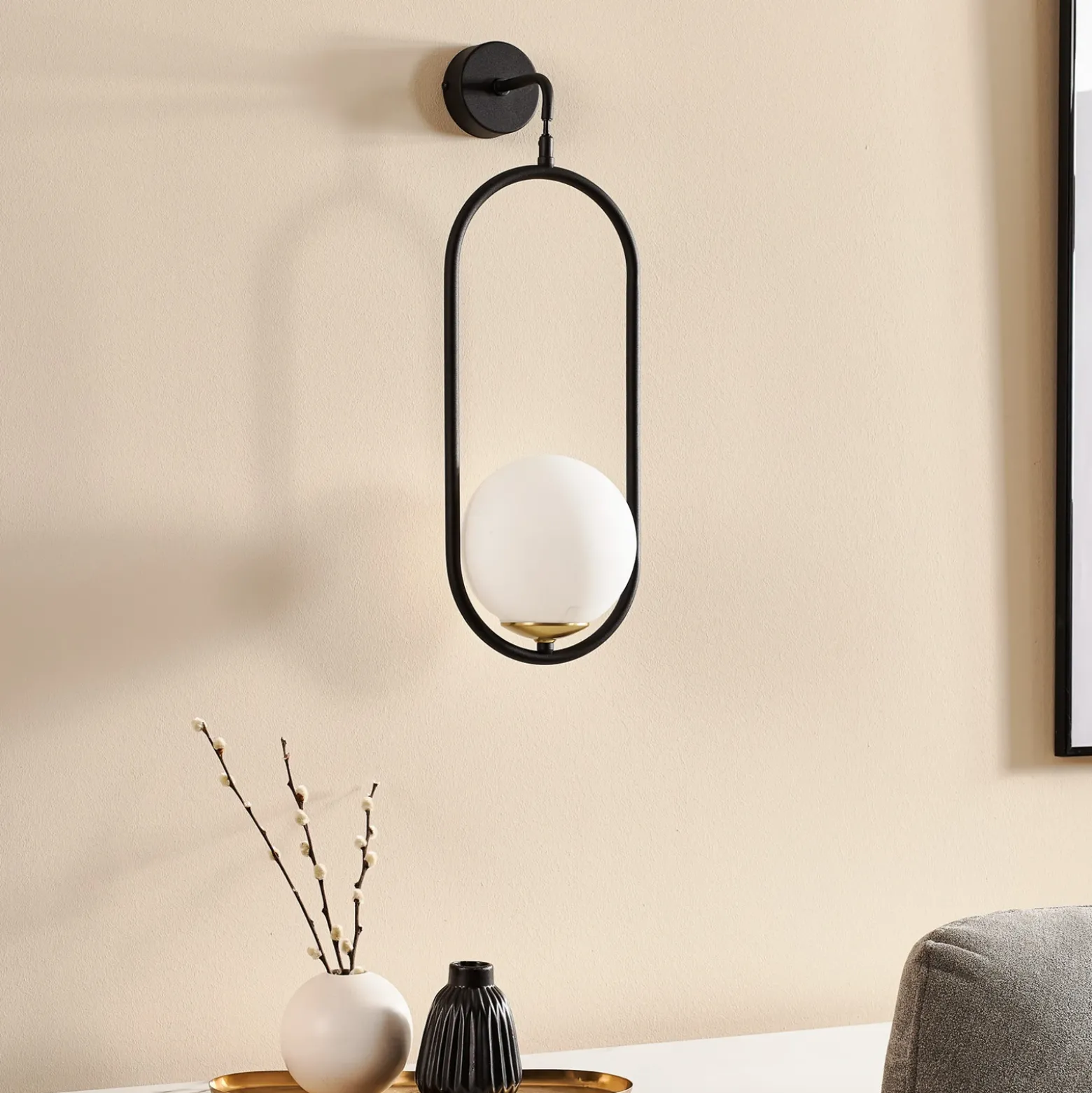 Aplique de pared Samba, cristal opalino/negro, 1 luz