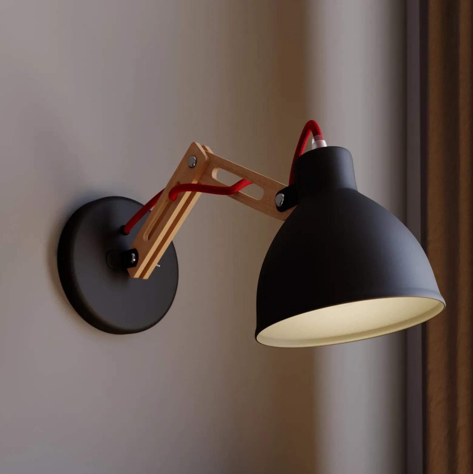 Aplique de pared Skansen, brazo de madera ajustable, negro