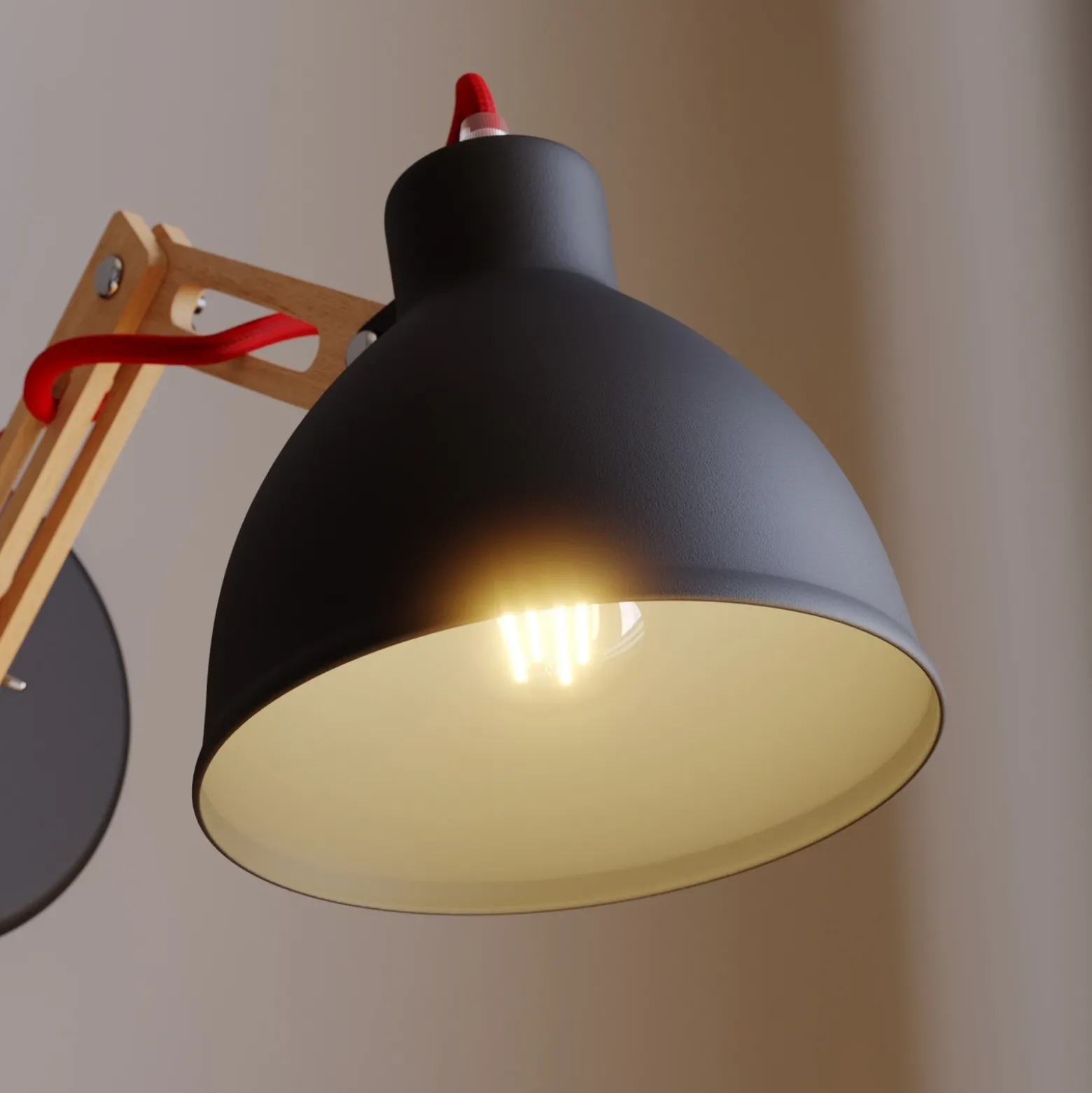 Aplique de pared Skansen, brazo de madera ajustable, negro