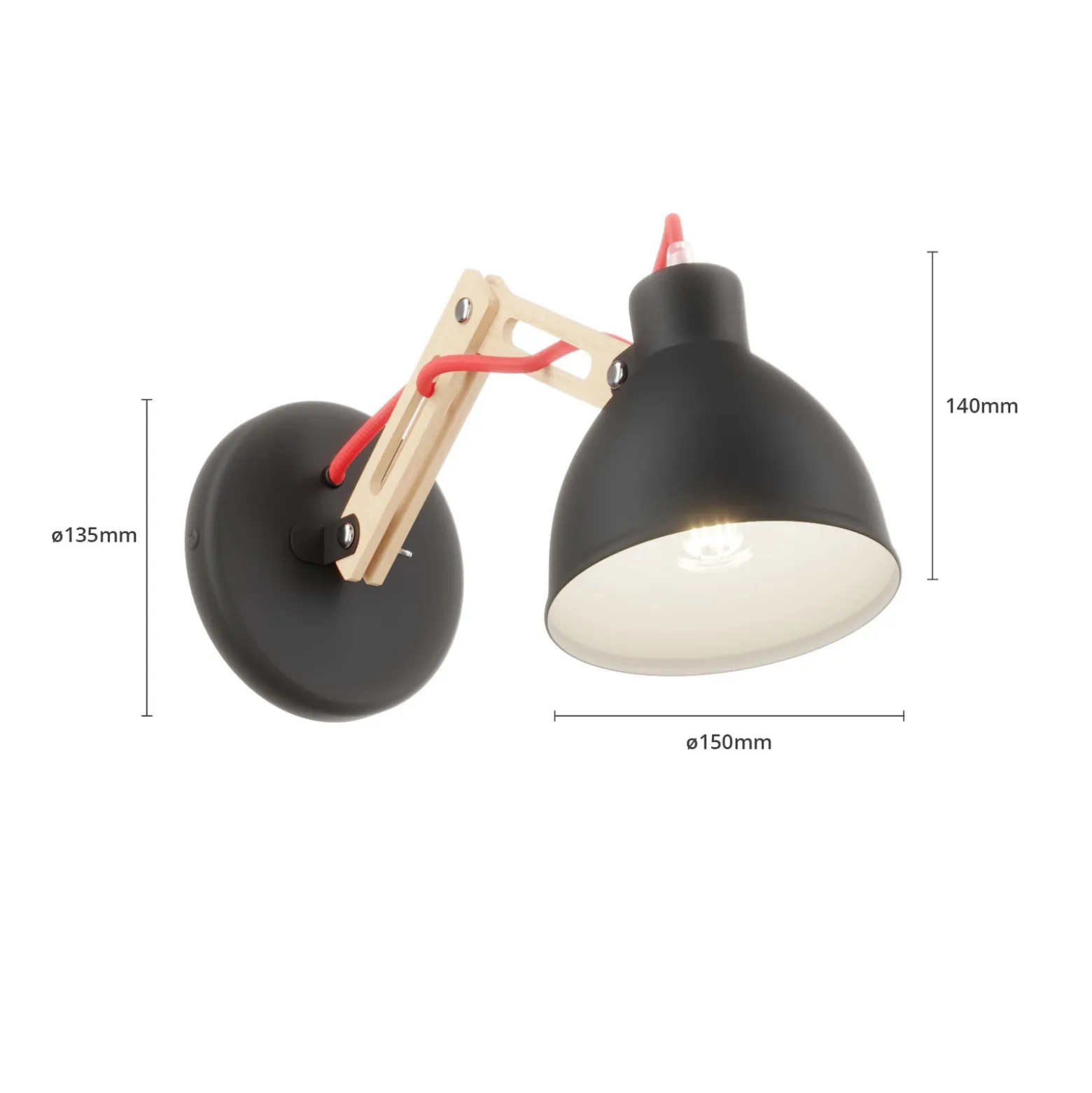 Aplique de pared Skansen, brazo de madera ajustable, negro