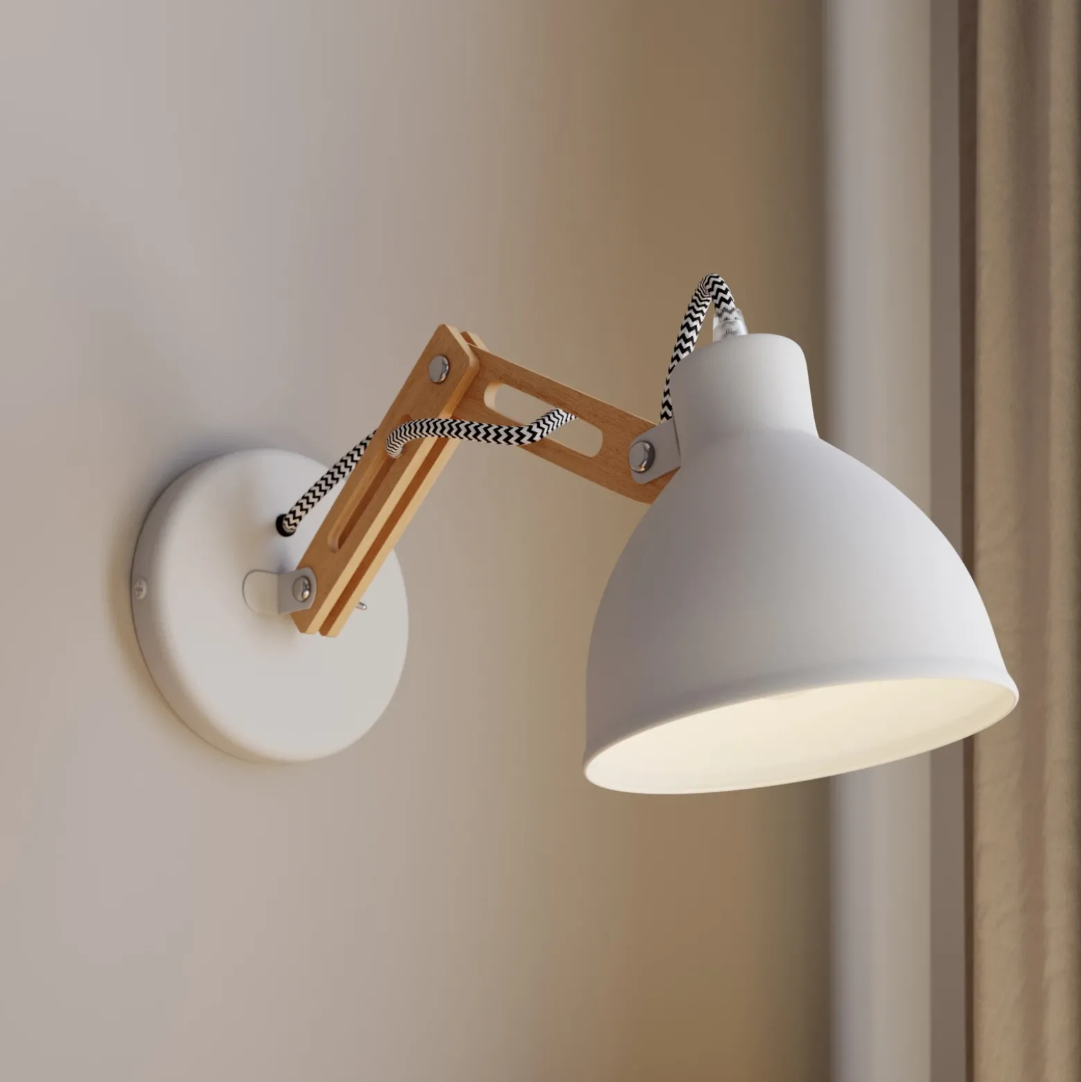 Aplique de pared Skansen, brazo de madera ajustable, blanco