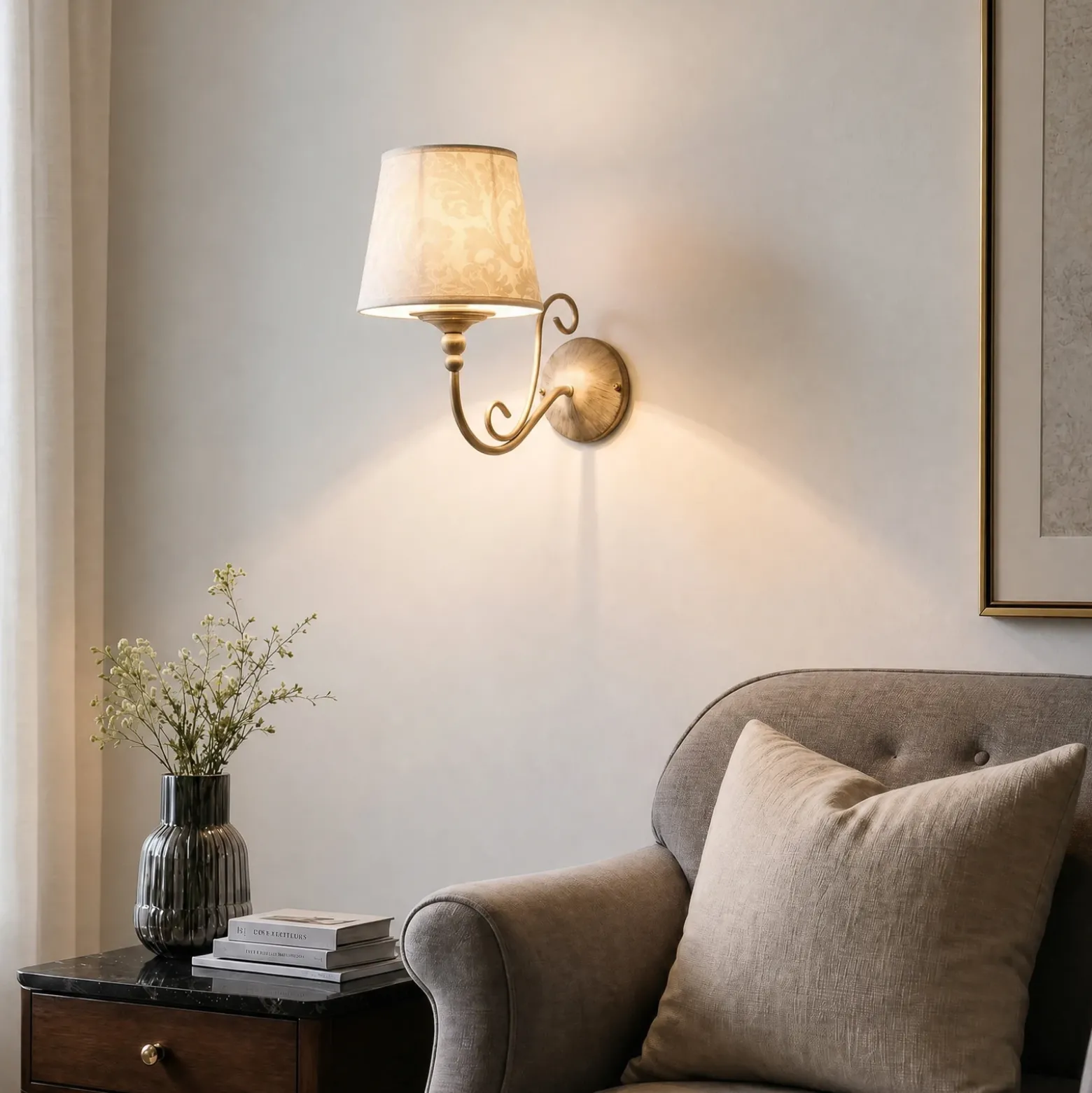 Aplique de pared Sofia Ecrie, color beige/dorado, tela, acero, E27
