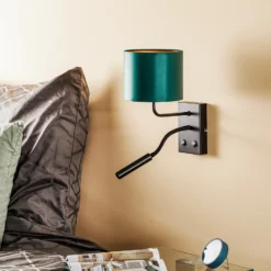 Aplique de pared Soho, cilíndrico, brazo de lectura verde/dorado