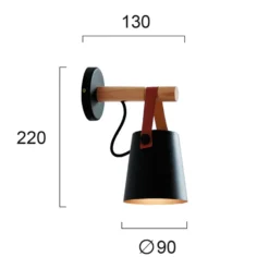 Aplique de pared Vetra, negro, acero, madera, cuero, E27
