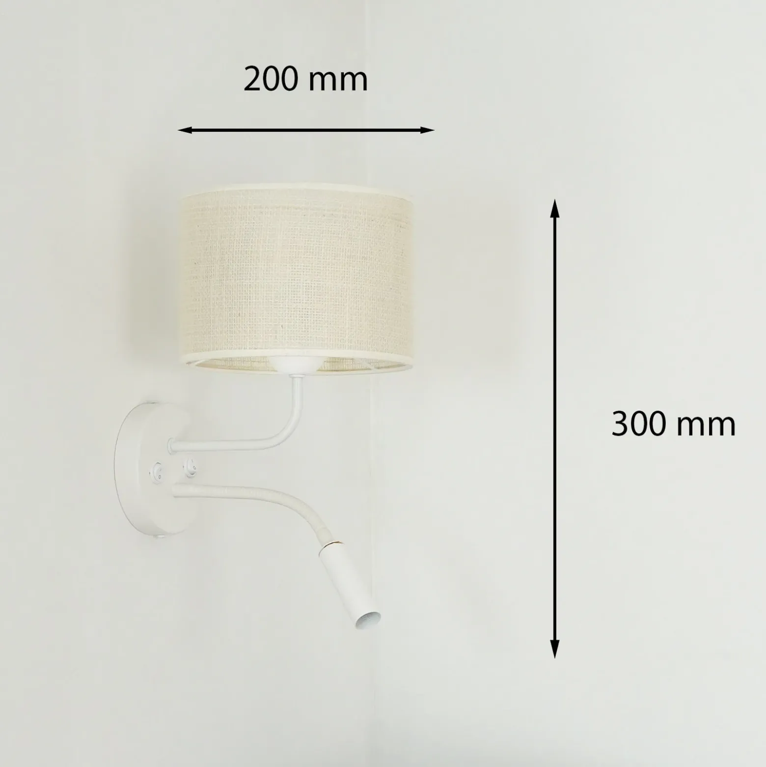 Aplique de pared, yute, blanco/beige, brazo de lectura