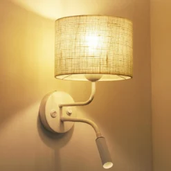 Aplique de pared, yute, blanco/beige, brazo de lectura