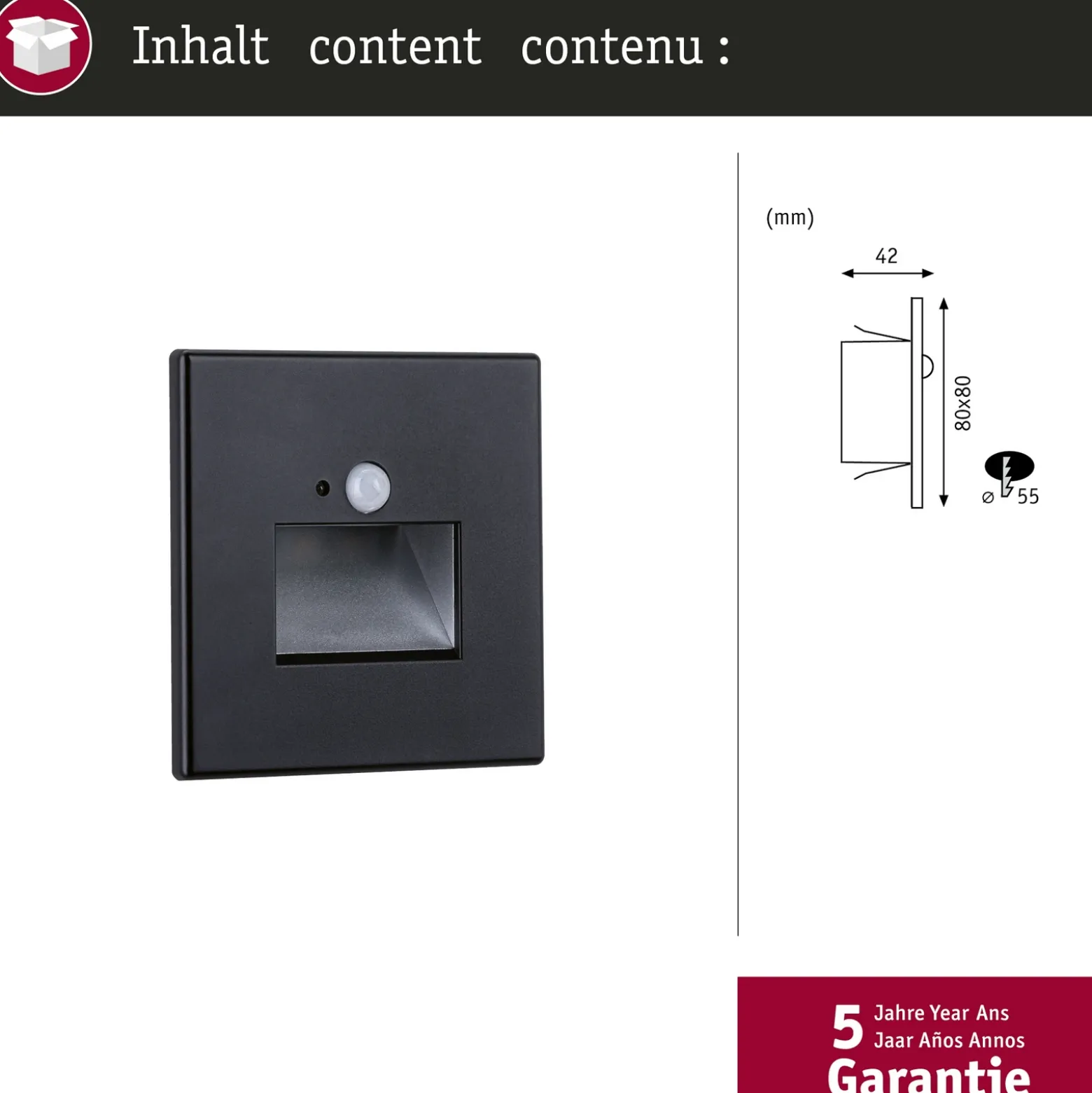 Aplique LED con sensor para empotrar en pared Paulmann Edge Quadro negro 8 cm