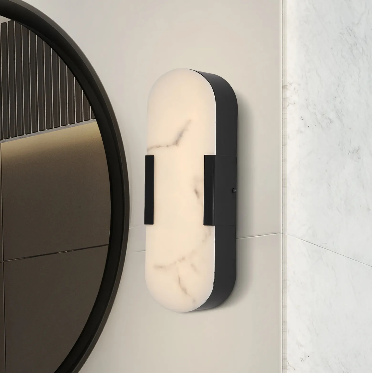 Aplique LED para baño Opaline, altura 35 cm, negro, metal/resina