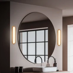 Aplique LED para baño Pil, color madera, ancho 35 cm, plástico