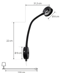 Aplique Lindby Jyla, negro mate, GX53, brazo flexible, enchufe