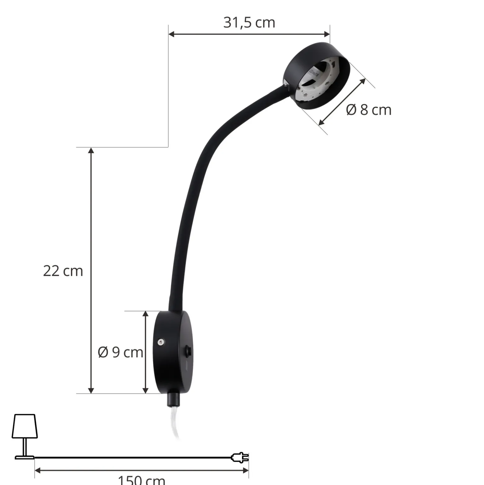 Aplique Lindby Jyla, negro mate, GX53, brazo flexible, enchufe