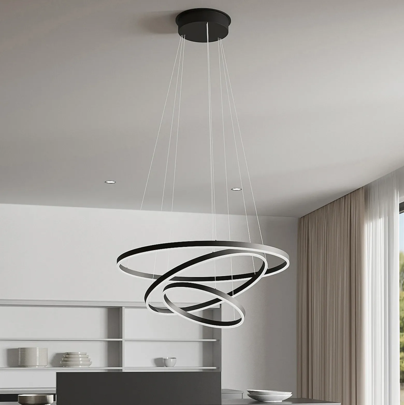 Arcchio lámpara colgante LED Albiona, negra, 3 anillos, Ø 80 cm