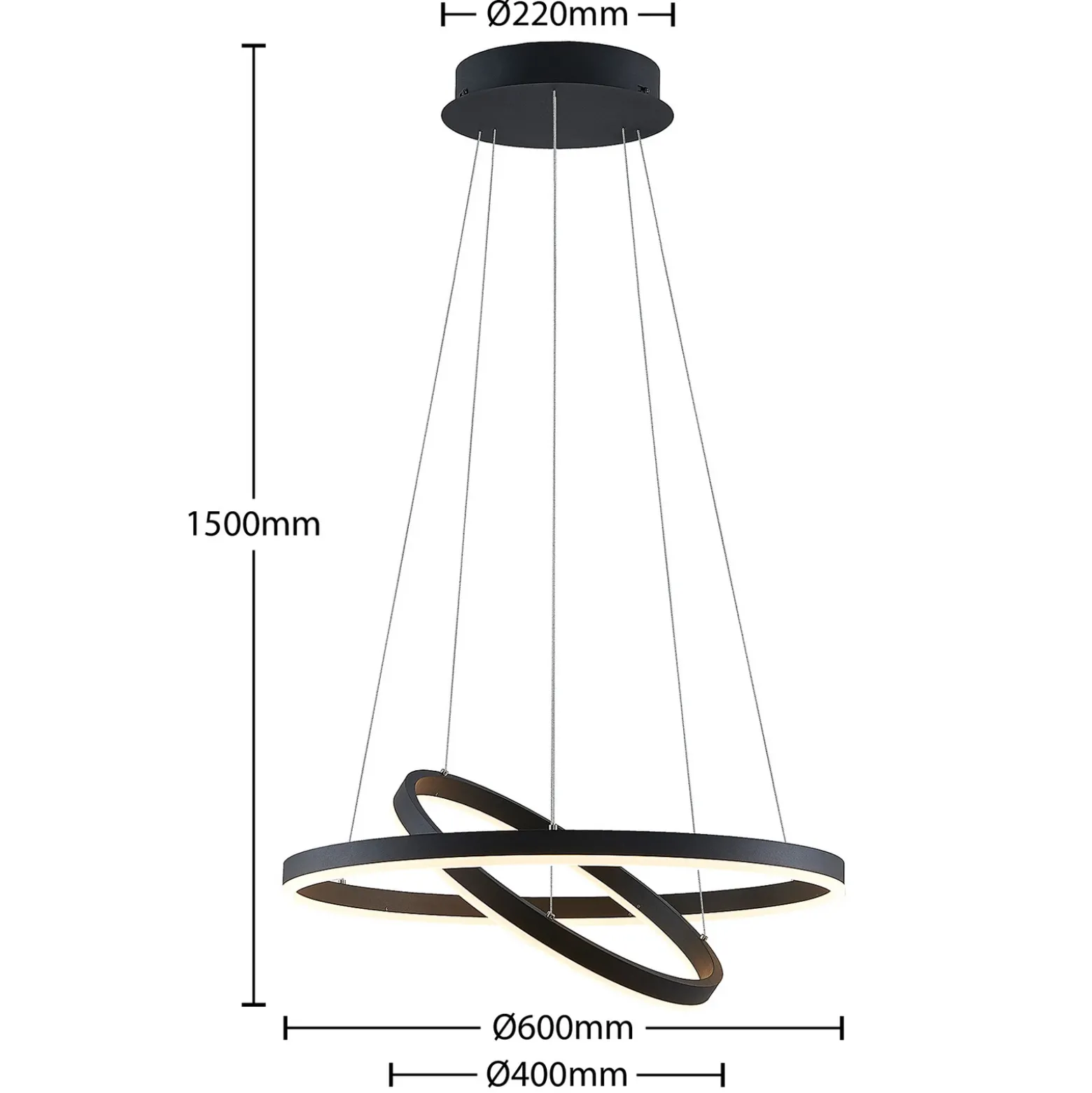 Arcchio lámpara colgante LED Albiona, negra, 2 anillos, Ø 60 cm