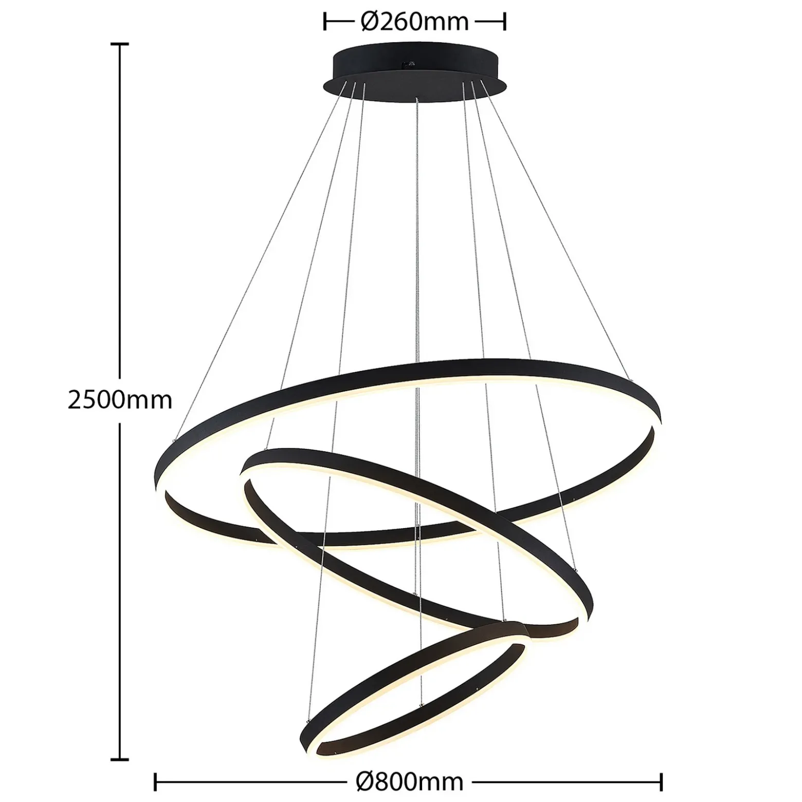 Arcchio lámpara colgante LED Albiona, negra, 3 anillos, Ø 80 cm