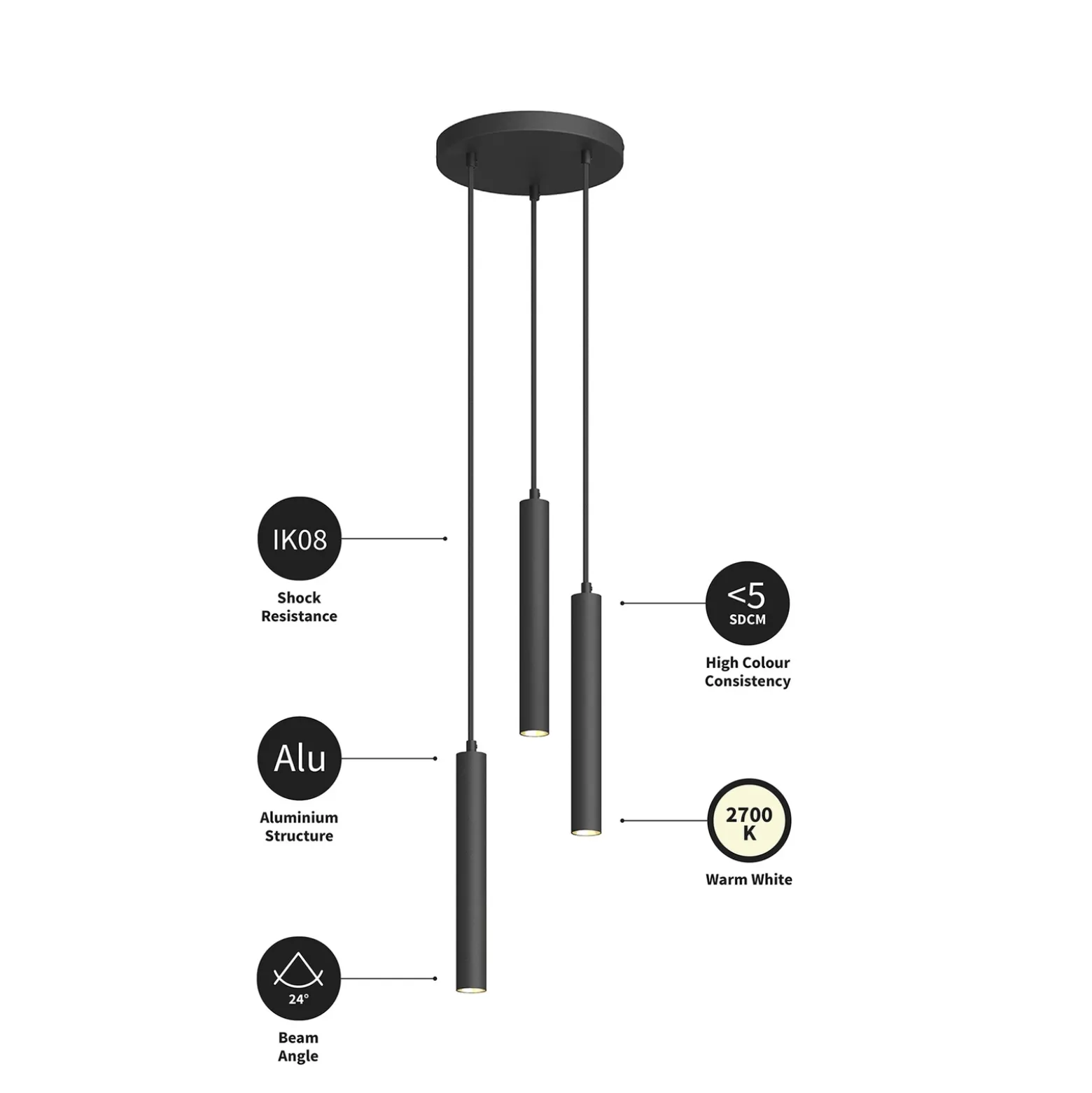 Arcchio Lámpara colgante LED Franka, 3 luces, Ø 24 cm, negra
