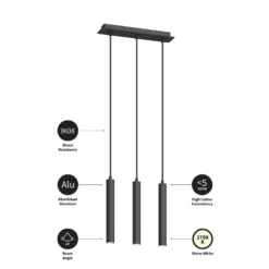 Arcchio Lámpara colgante LED Franka, 3 luces, larga, negra, aluminio