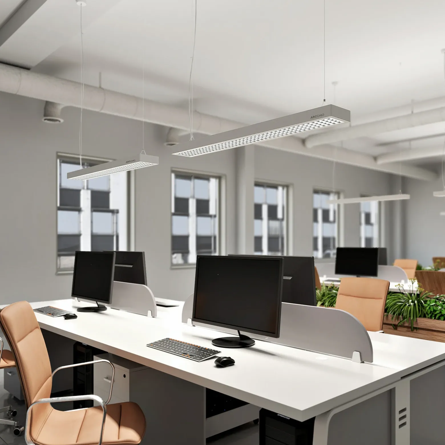 Arcchio Susi lámpara colgante LED de oficina, plata, 120 cm, 4000K, DALI