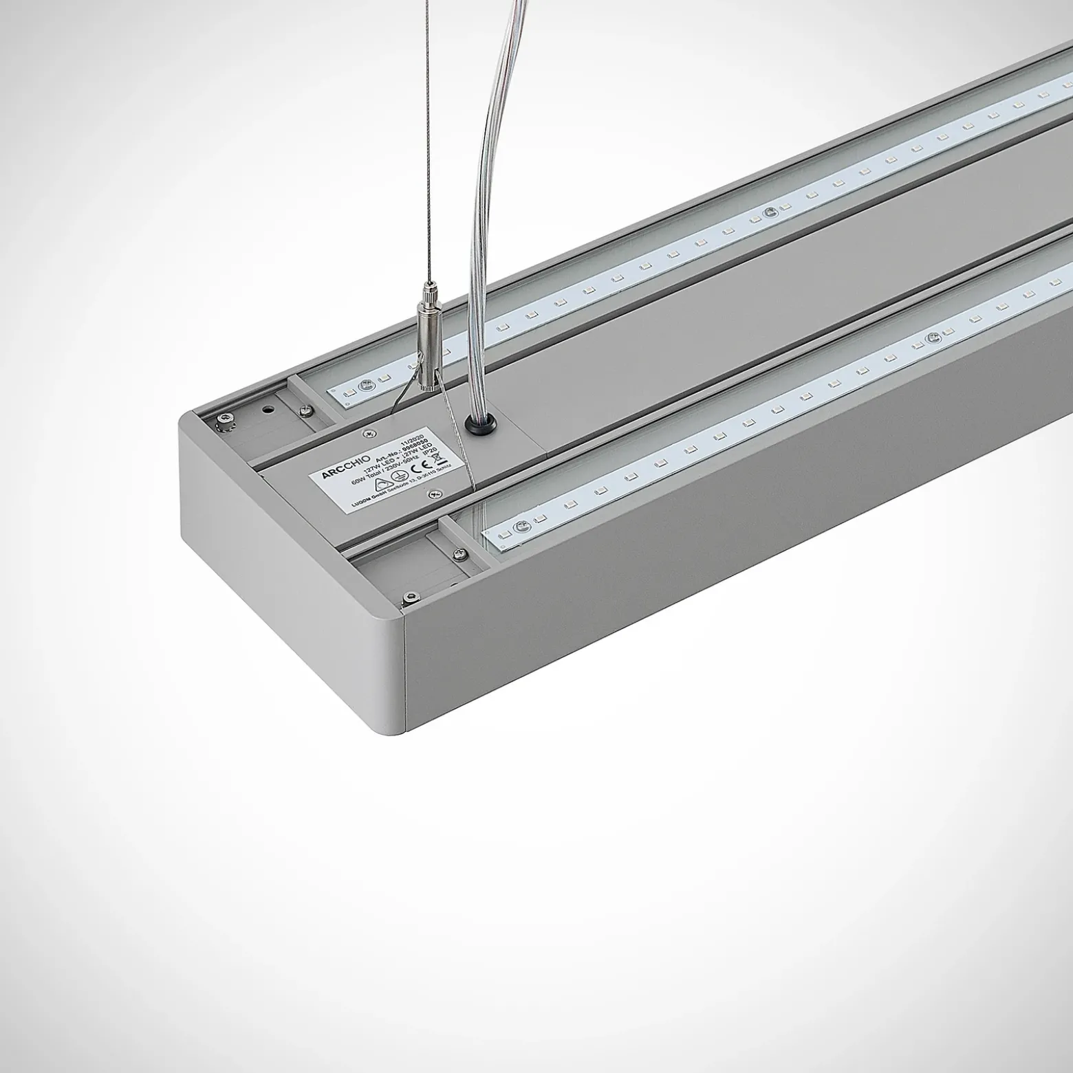 Arcchio Susi lámpara colgante LED de oficina, plata, 120 cm, 4000K, DALI