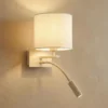 Bilo aplique de pared, beige, textil, 2 luces, brazo de lectura