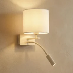 Bilo aplique de pared, beige, textil, 2 luces, brazo de lectura