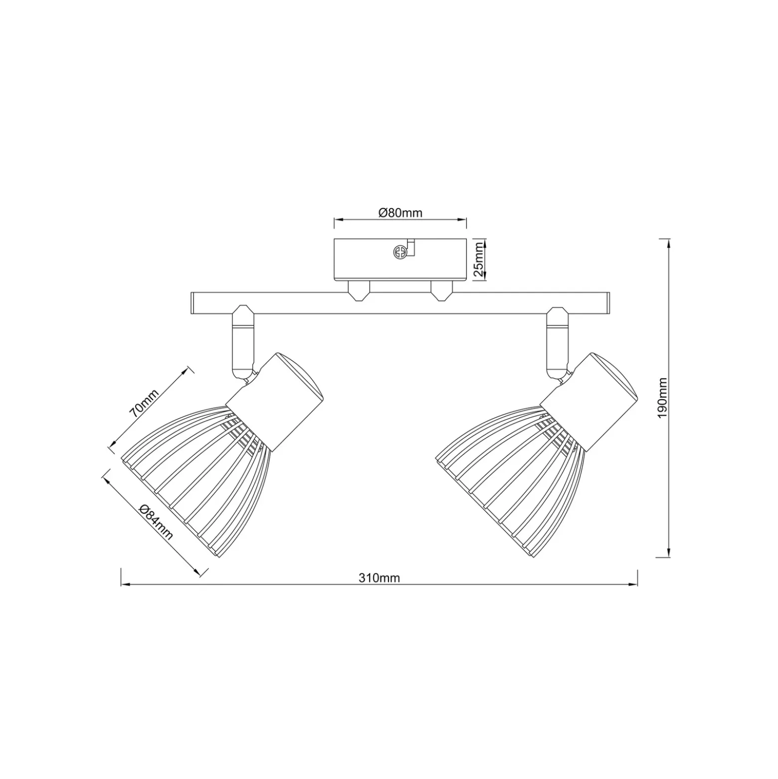 Blacky downlight de techo, longitud 31 cm, negro, 2 luces, metal