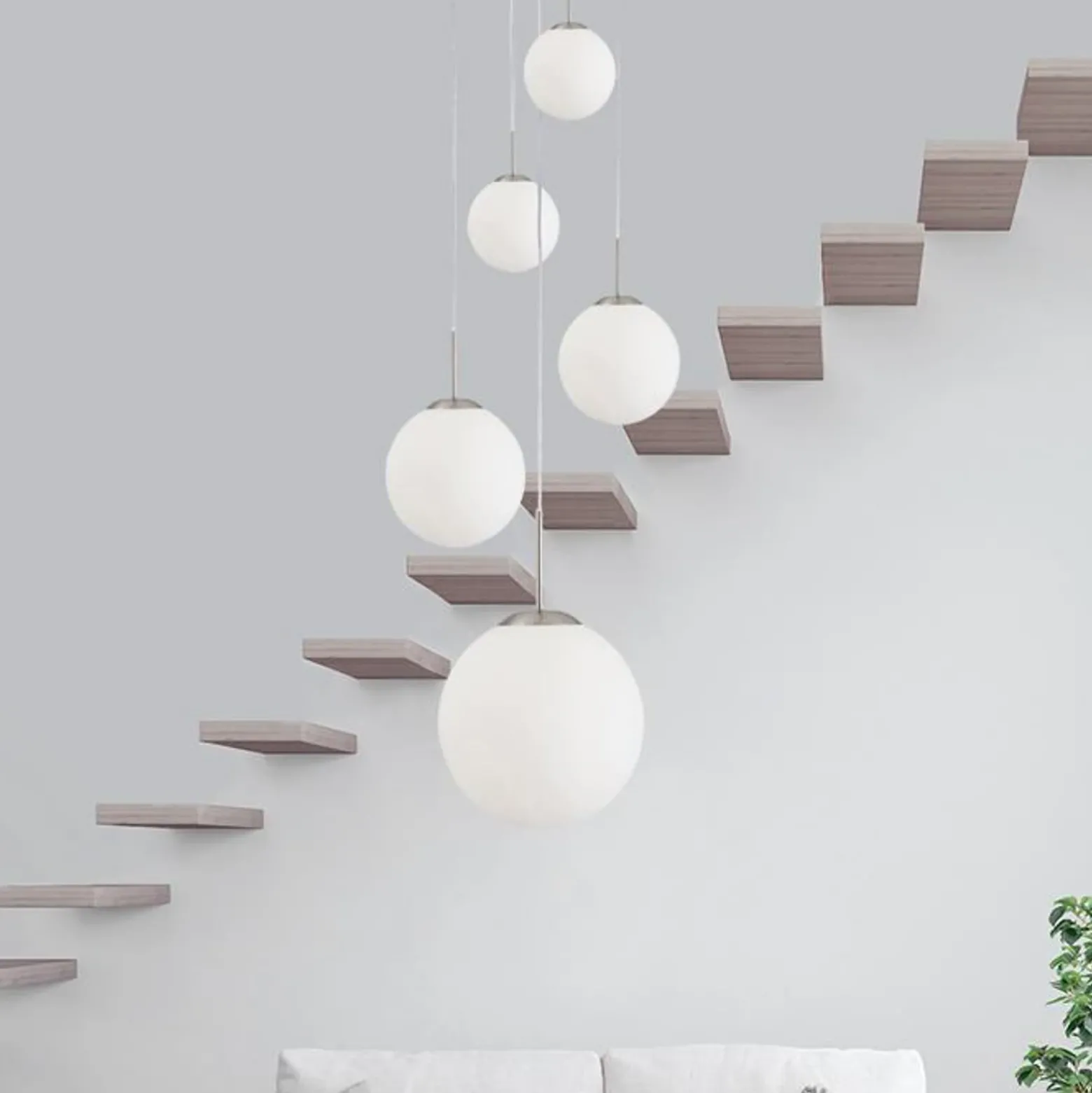 Bollique lámpara colgante, acero, blanco opal, cristal, redonda de 5 luces