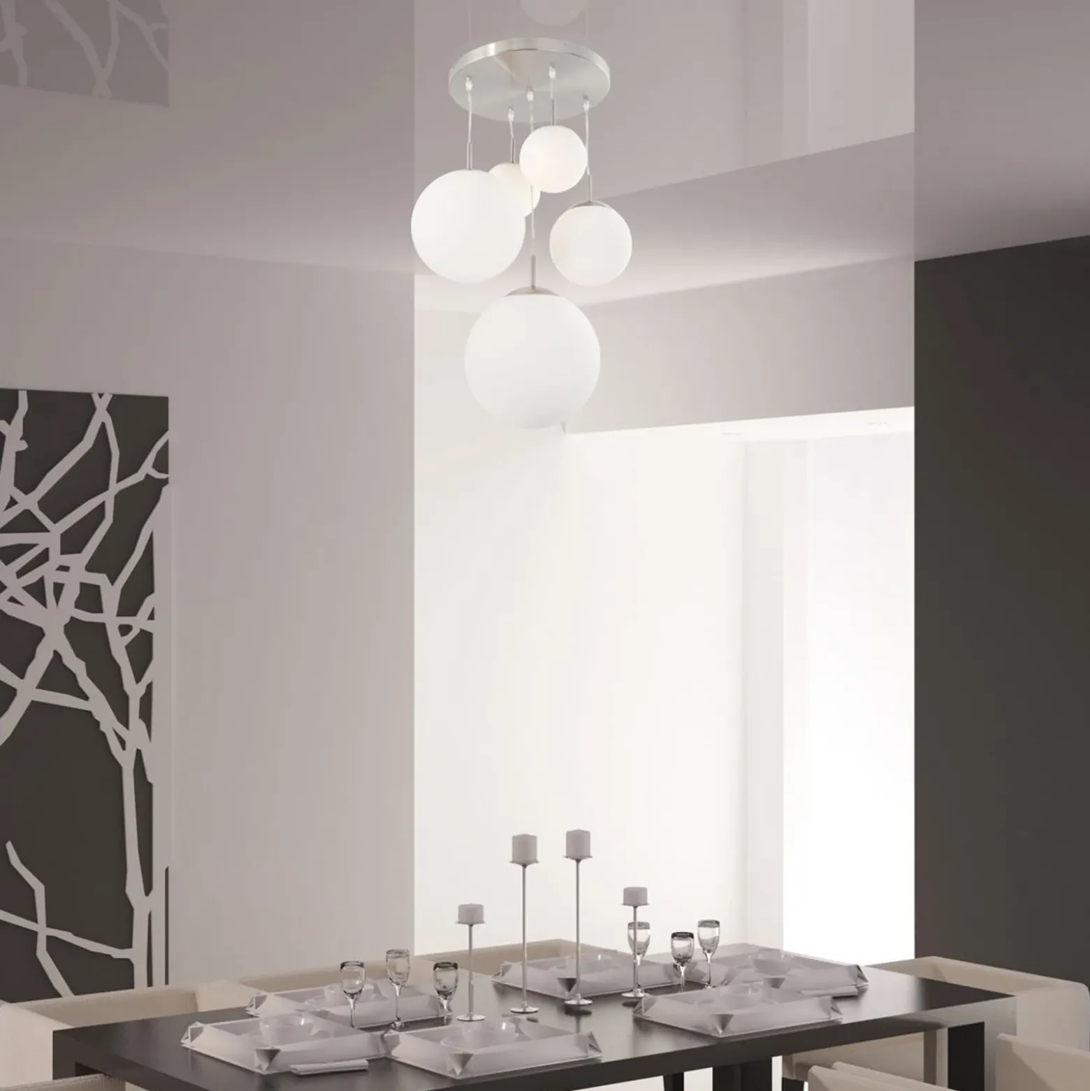 Bollique lámpara colgante, acero, blanco opal, cristal, redonda de 5 luces
