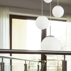 Bollique lámpara colgante, acero, blanco opal, cristal, redonda de 5 luces