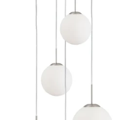 Bollique lámpara colgante, acero, blanco opal, cristal, redonda de 5 luces