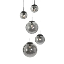 Bollique lámpara colgante, gris ahumado/negro, cristal, 5 luces