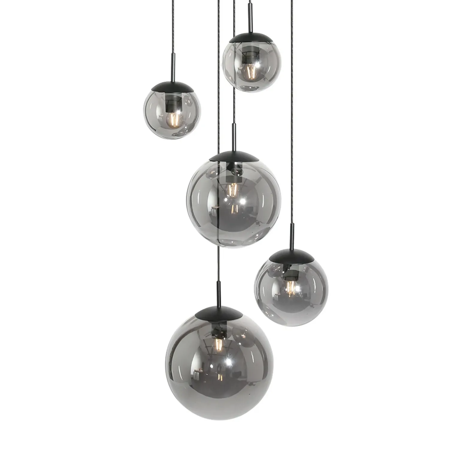 Bollique lámpara colgante, gris ahumado/negro, cristal, 5 luces